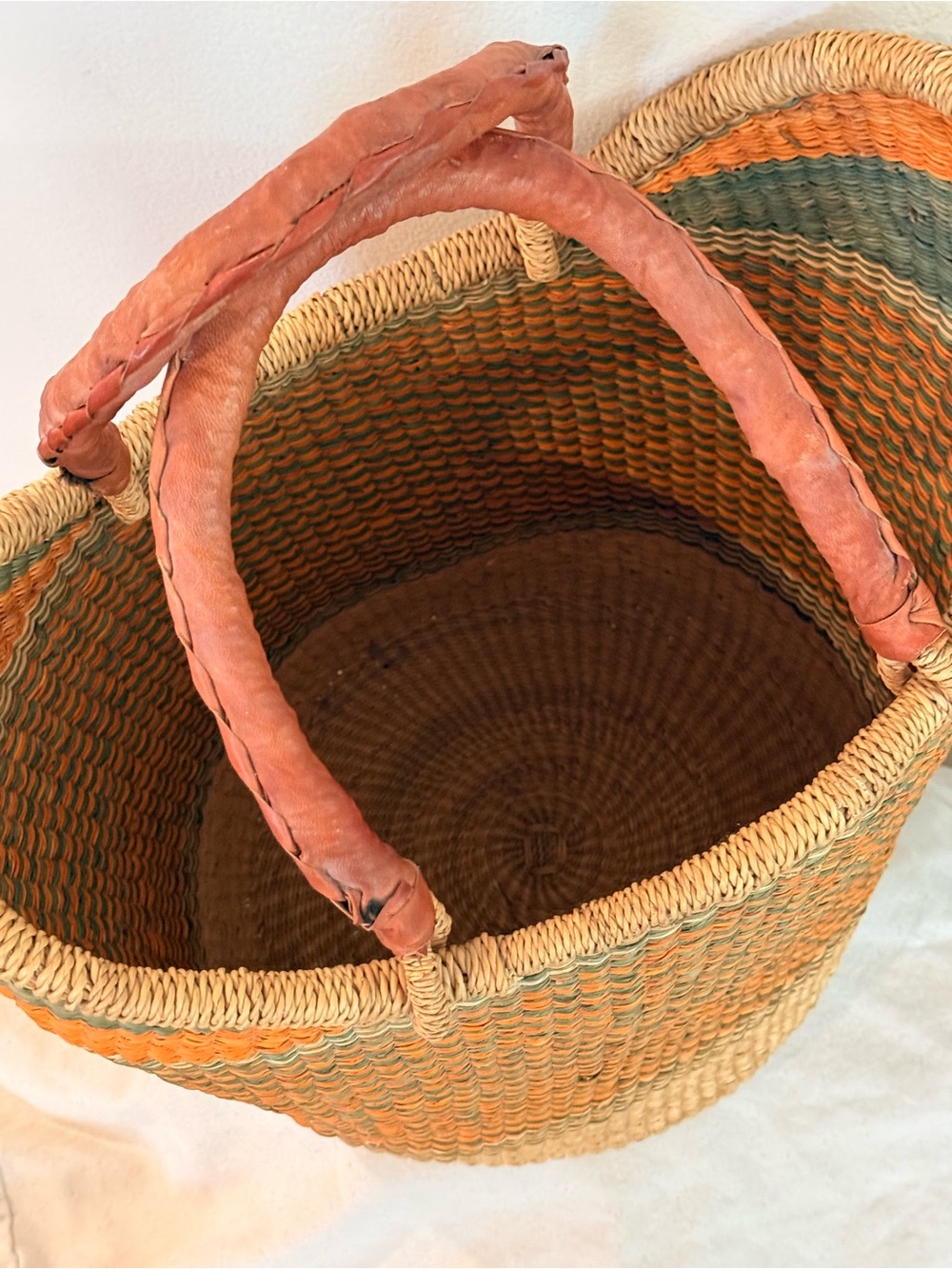 Handwoven African Straw Tote in Orange, Green and Natural with Leather Handles - Picture 6 of 11